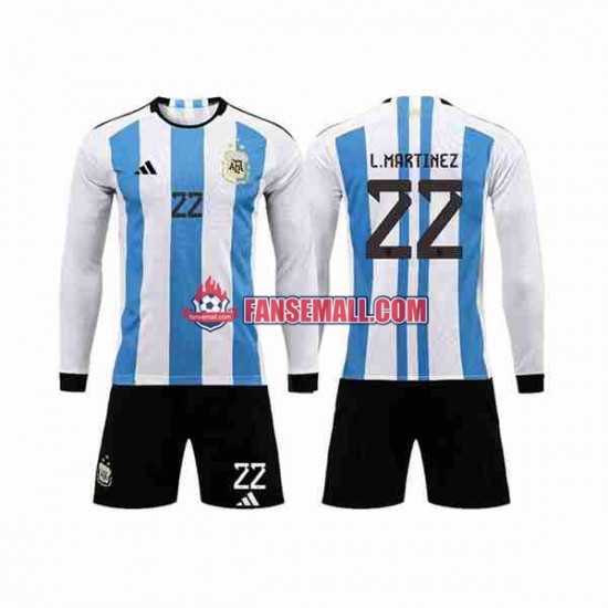 Matchtröjor Argentina 3 Stars Lautaro Martinez 22 World Cup 2022 Långärmad till Barn (1:a ställ)