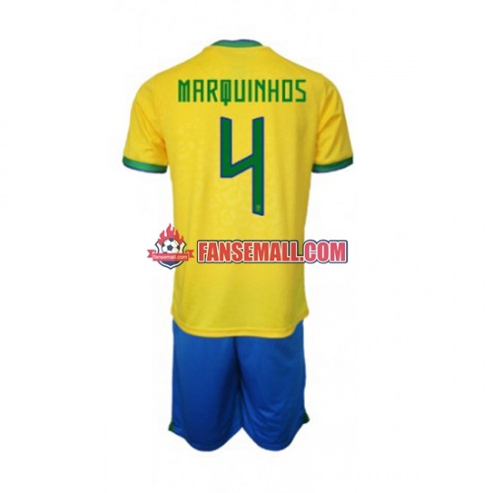 Matchtröjor Brasilien Marquinhos 4 World Cup 2022 Kortärmad till Barn (1:a ställ)